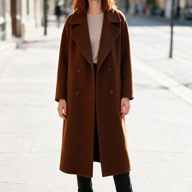 Manteau Long en Laine Mélangée | Grands Revers Décontracté #couleur_marron