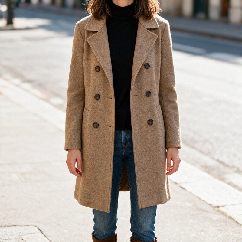 Manteau Mi-Long en Laine | Double Boutonnage Classique #couleur_camel
