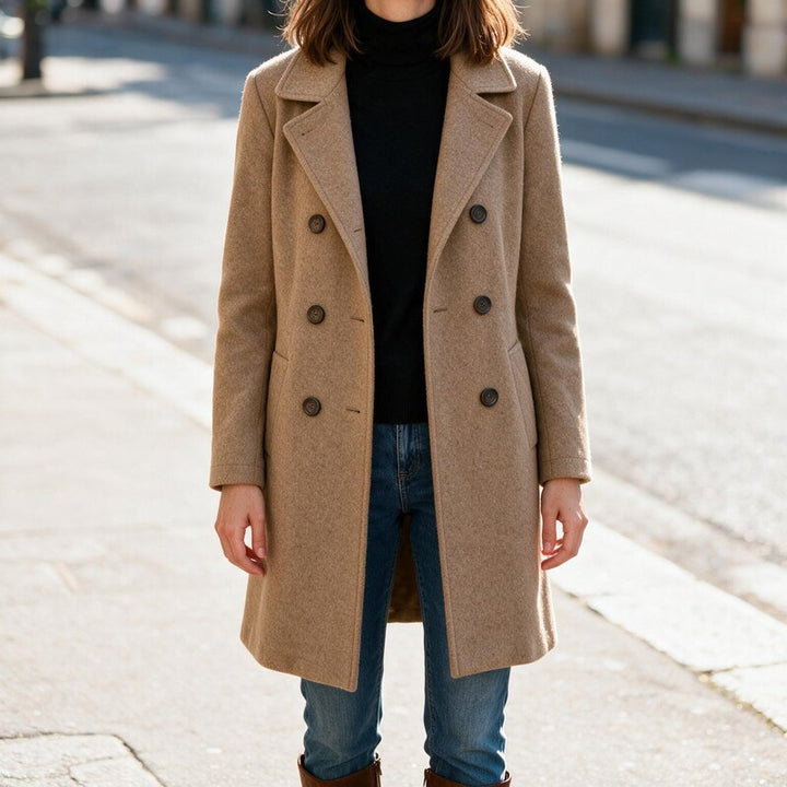 Manteau Mi-Long en Laine | Double Boutonnage Classique #couleur_camel