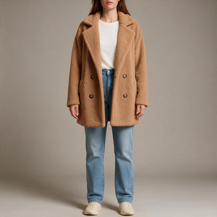 Manteau Teddy Croisé | Col Cranté Généreux #couleur_camel