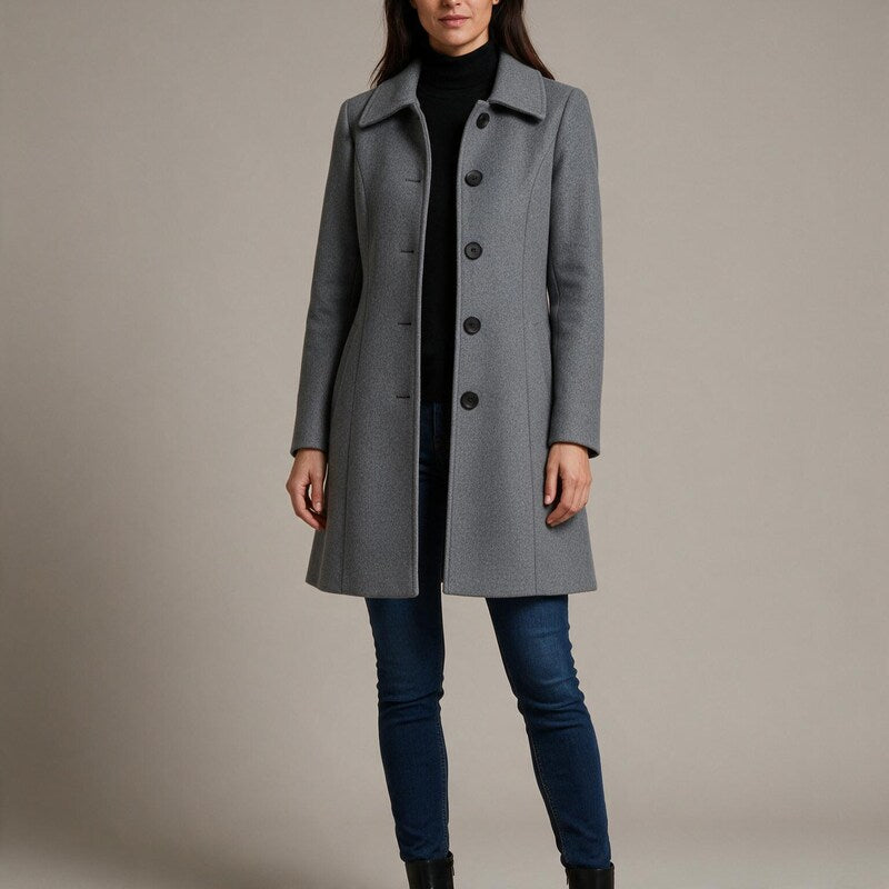 Manteau Trapèze à Col Rond | Taille Marquée Féminine #couleur_gris