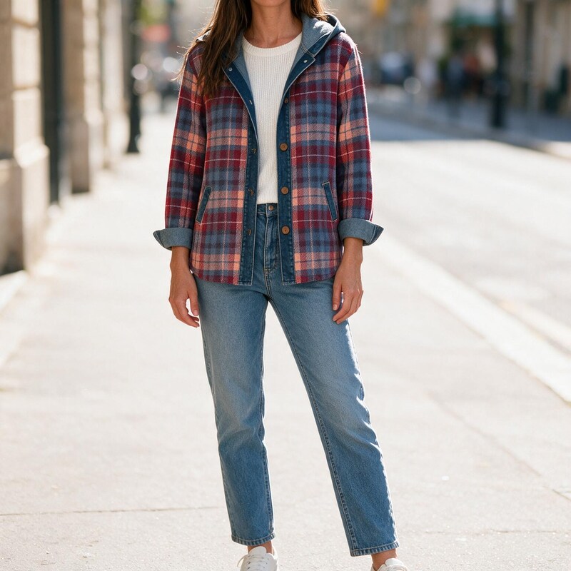 Veste à Carreaux Doublée Sherpa | Capuche Contrastée Chaleureuse #couleur_rouge