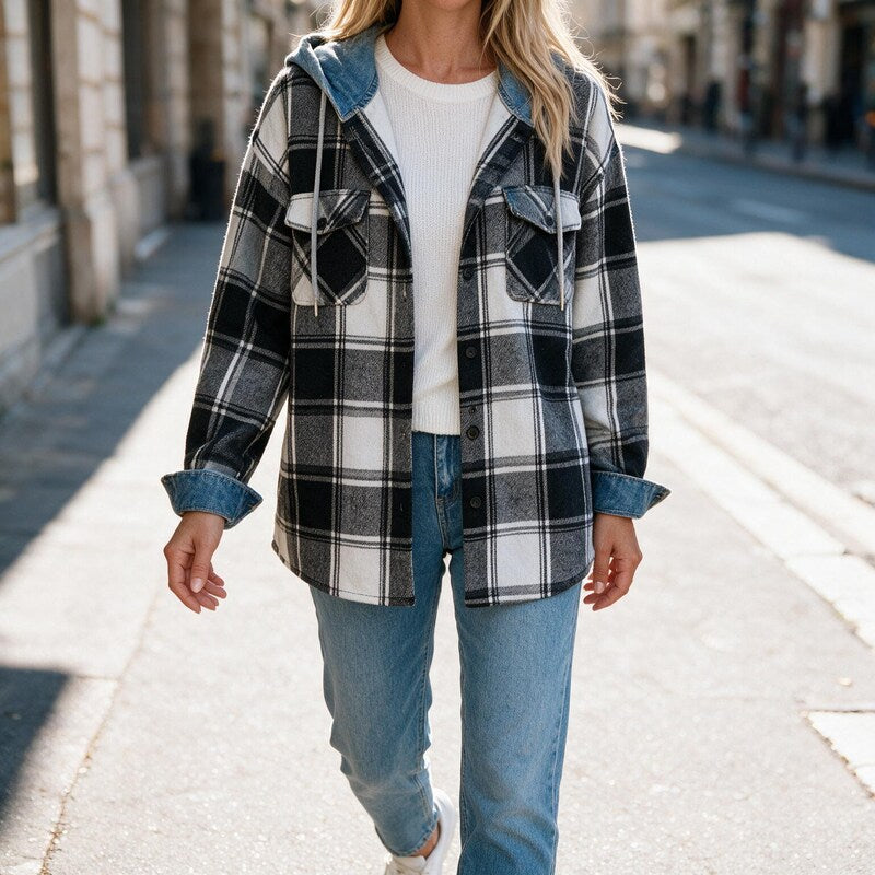 Veste Chemise à Carreaux à Capuche | Coupe Oversize Décontractée #couleur_noir
