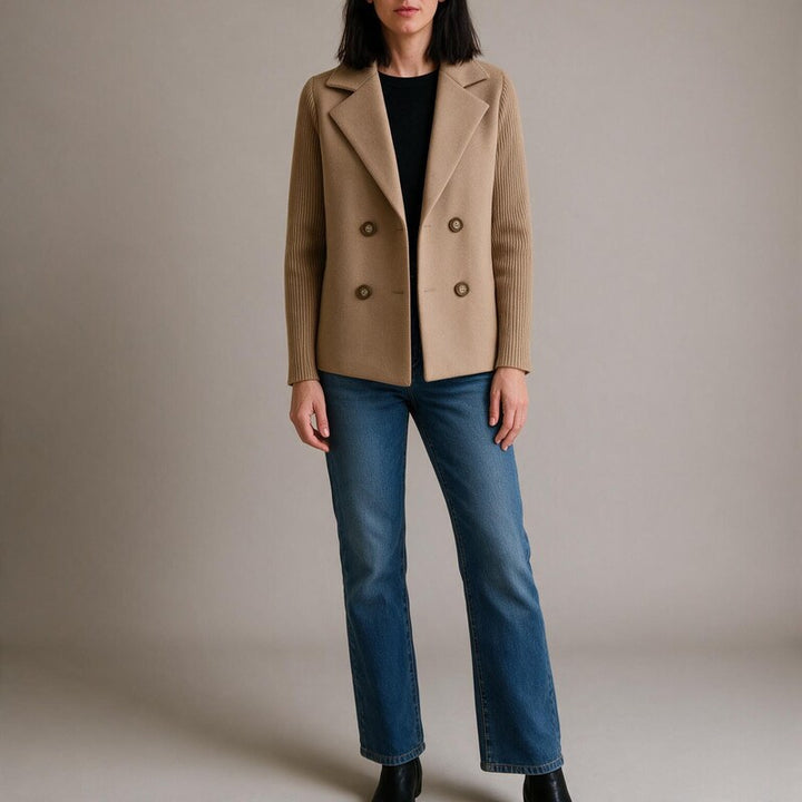Veste Courte Croisée en Laine | Manches Côtelées Chic #couleur_camel