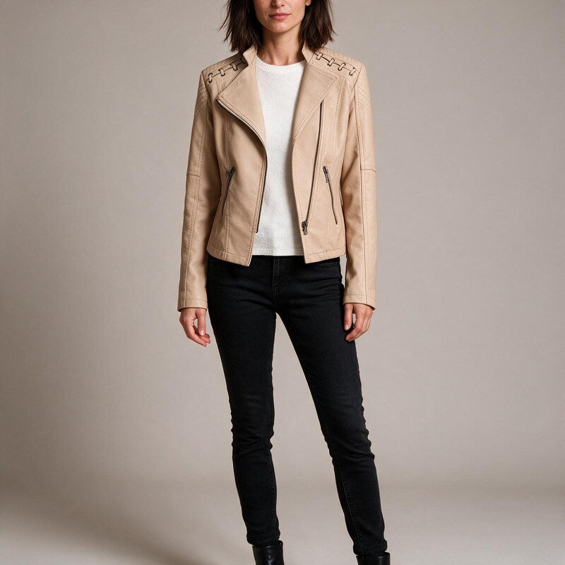 Veste en Cuir Femme | Zip Asymétrique Intemporelle #couleur_camel