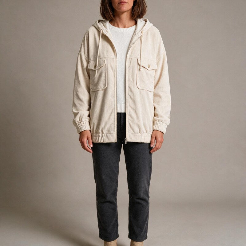 Veste en Velours Côtelé à Capuche | Coupe Zippée Confortable #couleur_cru