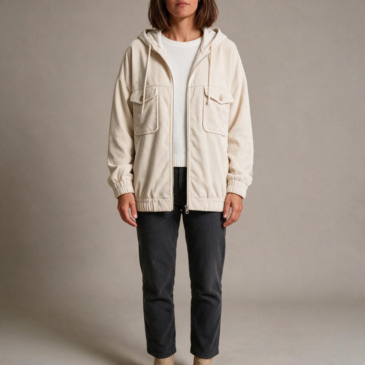 Veste en Velours Côtelé à Capuche | Coupe Zippée Confortable #couleur_cru