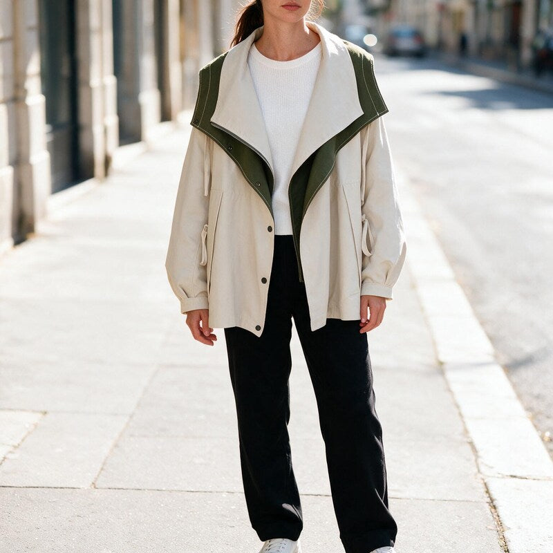 Veste Oversize Bicolore | Grand Col Drapé Contemporaine #couleur_cru