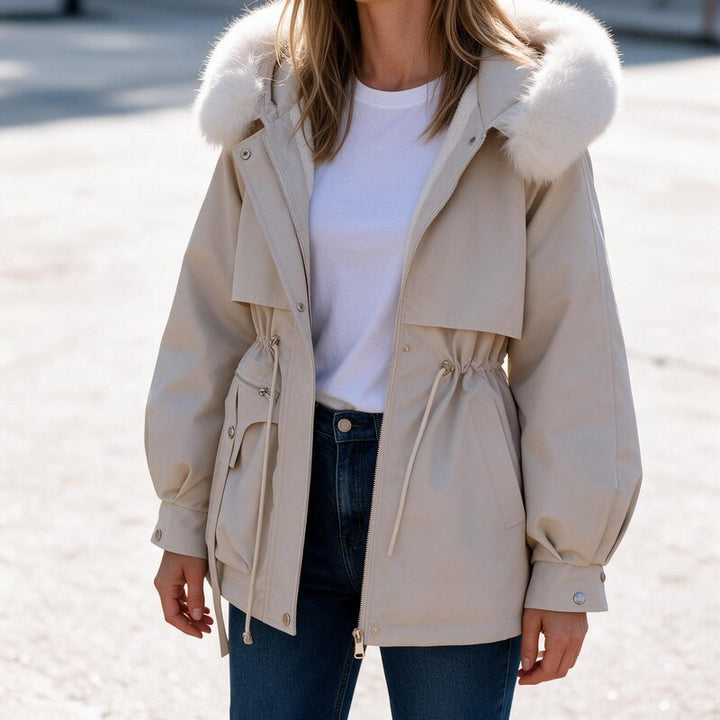 Anorak Femme Capuche Bordée | Cordon de Serrage et Zip Deux Sens – Beige#couleur_beige