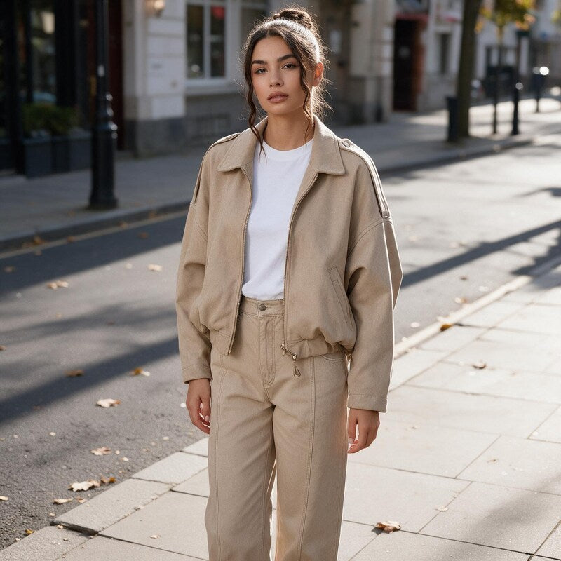 Bomber Femme Vintage Aspect Daim | Coupe Oversize et Trois Tons in Beige#couleur_beige