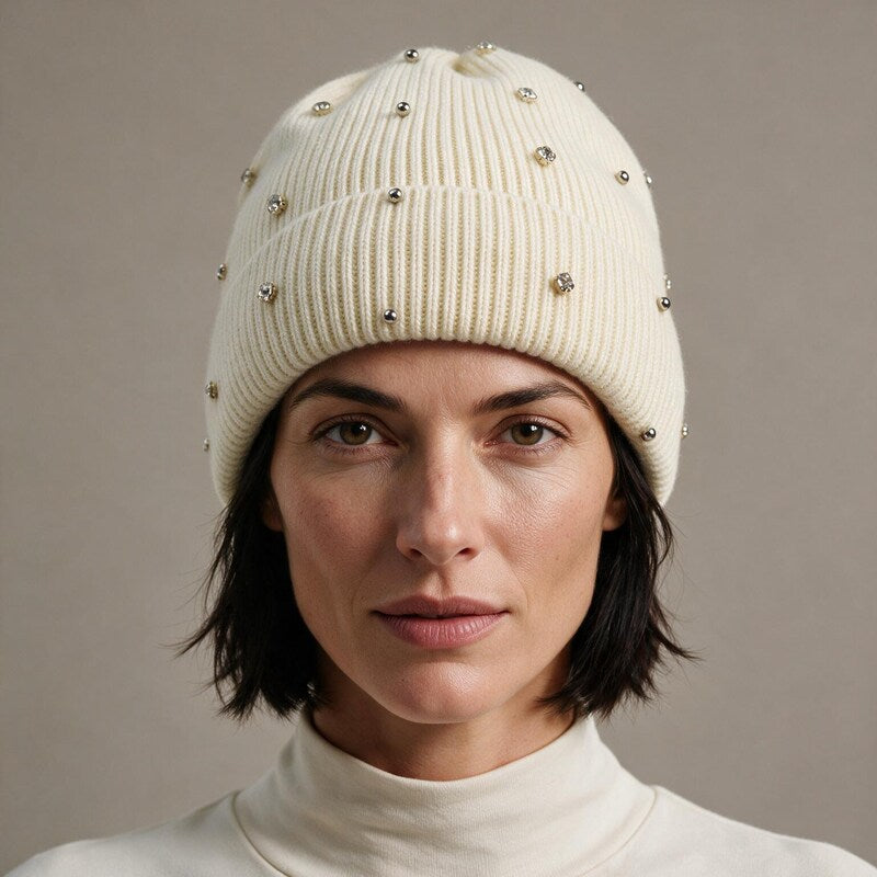 Bonnet Femme Long en Maille Côtelée | Revers Perlé#couleur_beige