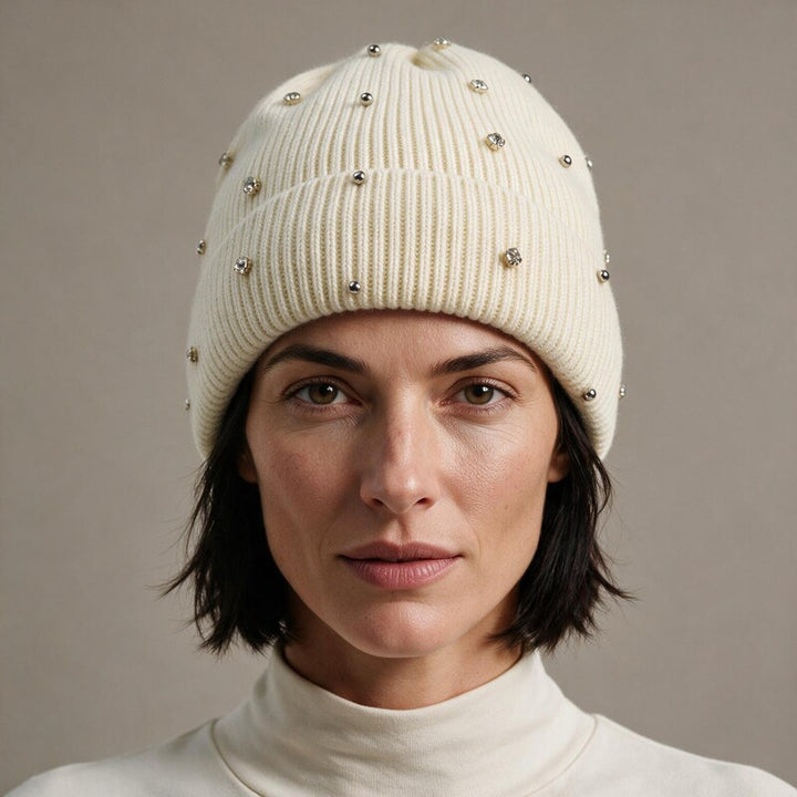 Bonnet Femme Long en Maille Côtelée | Revers Perlé#couleur_beige