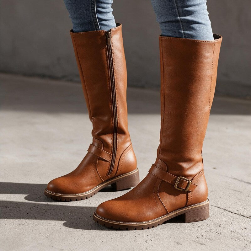 Botte Haute Femme en Cuir | Boucles à la Cheville et Zip Latéral – Marron#couleur_marron
