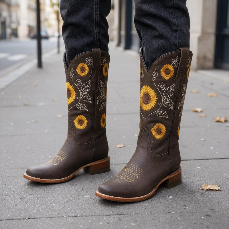 Bottes Santiag Femme à Fleurs | Talon Bas et Motif Brodé in Marron#couleur_marron