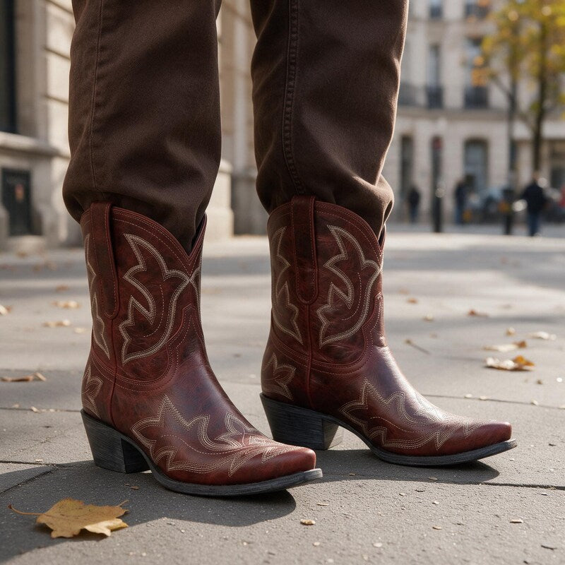 Bottes Santiag Femme Tige Courte | Broderies et Bout Pointu in Marron#couleur_marron