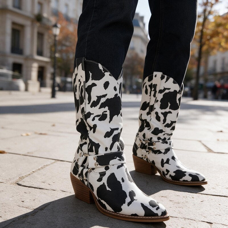 Bottes Western Femme Imprimé Vache | Cuir et Bout Pointu in Noir#couleur_noir