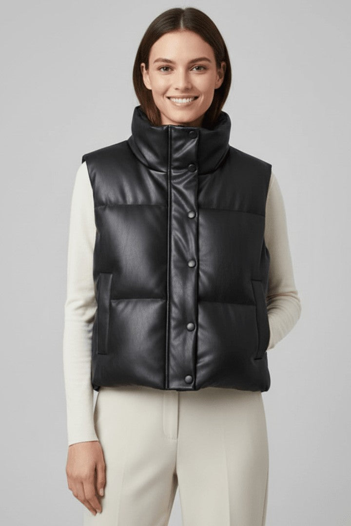 Doudoune Sans Manches | Effet Cuir Chic – Noir #couleur_noir