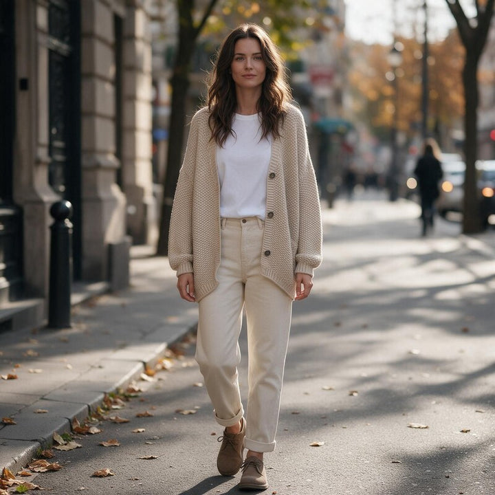 Gilet en Laine Femme | Maille Épaisse et Coupe Décontractée in Beige#couleur_beige
