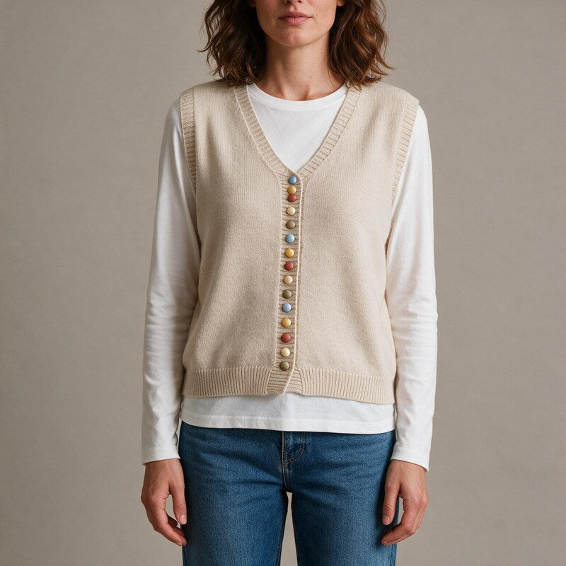 Gilet Femme Boutonné en Maille Fine | Boutons Contrastés#couleur_abricot