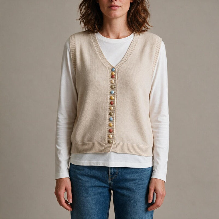 Gilet Femme Boutonné en Maille Fine | Boutons Contrastés#couleur_abricot