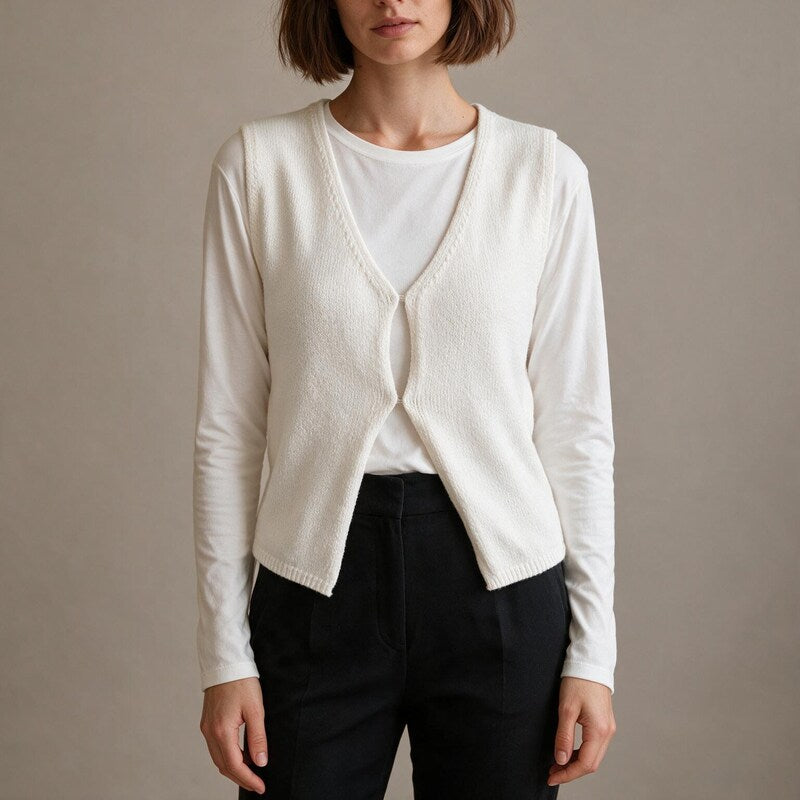 Gilet Femme Sans Manches en Maille | Grand Col V#couleur_blanc