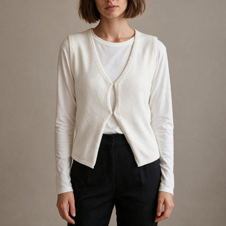 Gilet Femme Sans Manches en Maille | Grand Col V#couleur_blanc