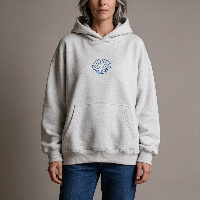 Hoodie Femme Oversize | Broderie Coquillage et Poche Kangourou – Gris#couleur_gris