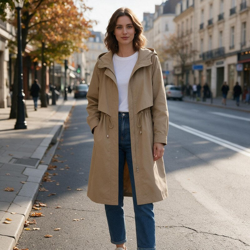 Imperméable Femme Long à Cordon | Capuche et Taille Réglable in Beige#couleur_beige