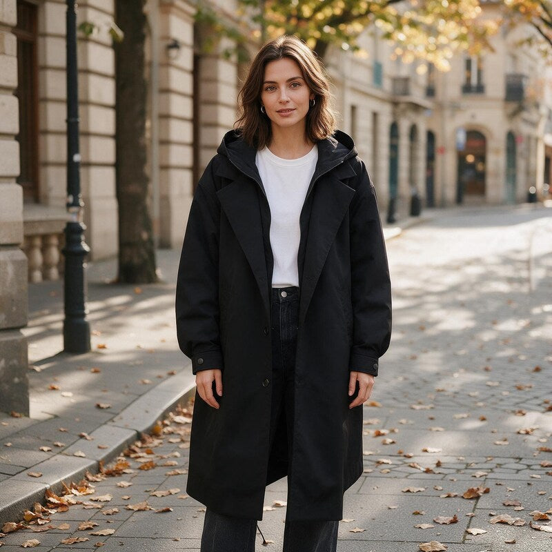 Imperméable Femme Pluie avec Capuche Doublée Chaude | Deux Tons in Noir#couleur_noir