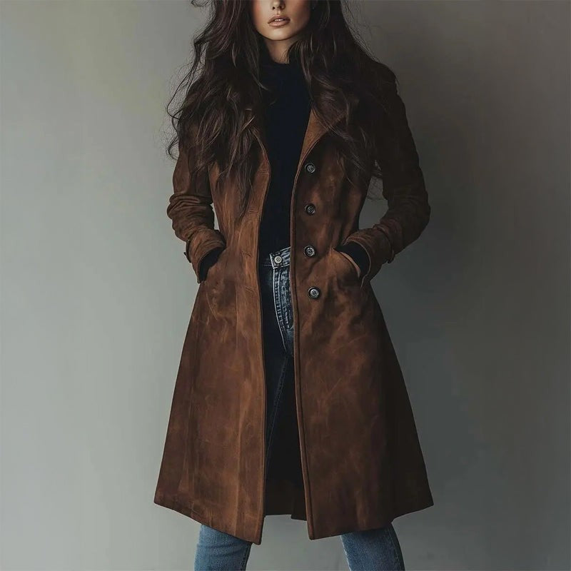 Manteau en Daim à Col Tailleur | Coupe Droite Chic – Marron #couleur_marron