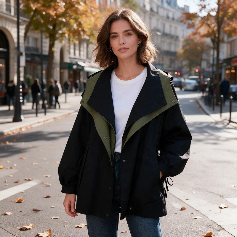 Manteau Imperméable Femme | Coupe Longue et Capuche Amovible in Noir#couleur_noir