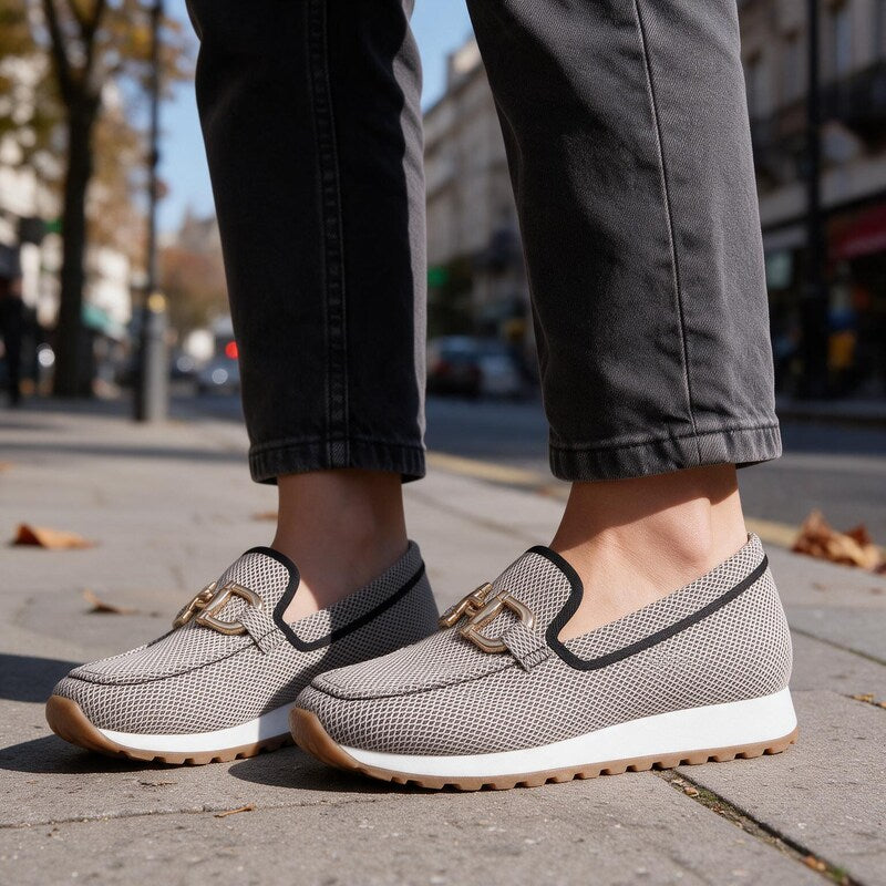 Mocassin Beige Femme en Maille | Tige Respirante et Extensible in Beige#couleur_beige