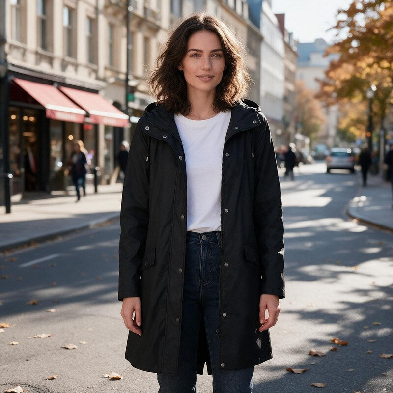 Parka Femme Imperméable avec Capuche | Coupe Longue et Zip in Noir#couleur_noir