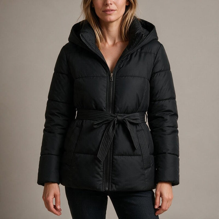 Parka Femme Matelassé à Capuche | Ceinture et Coupe Chaude#couleur_noir