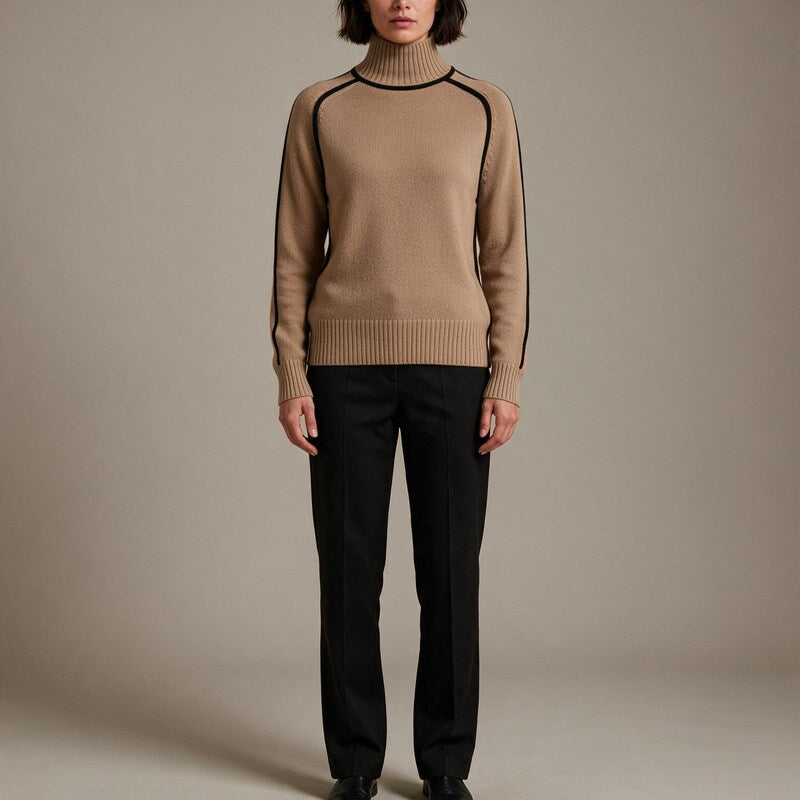 Pull Col Roulé Femme Bicolore à Passepoil | Maille Raffinée#couleur_camel
