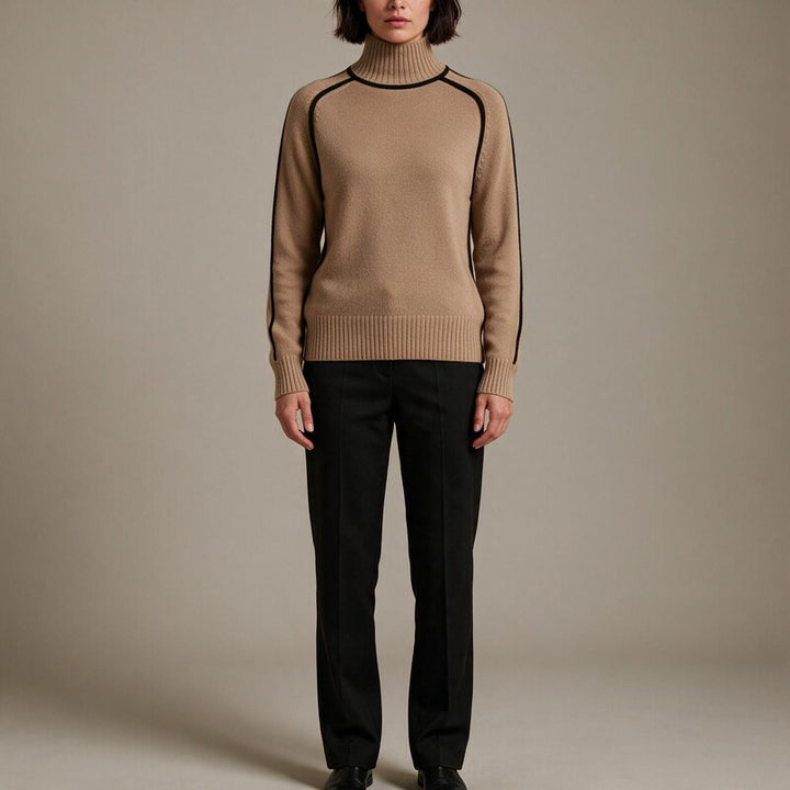 Pull Col Roulé Femme Bicolore à Passepoil | Maille Raffinée#couleur_camel