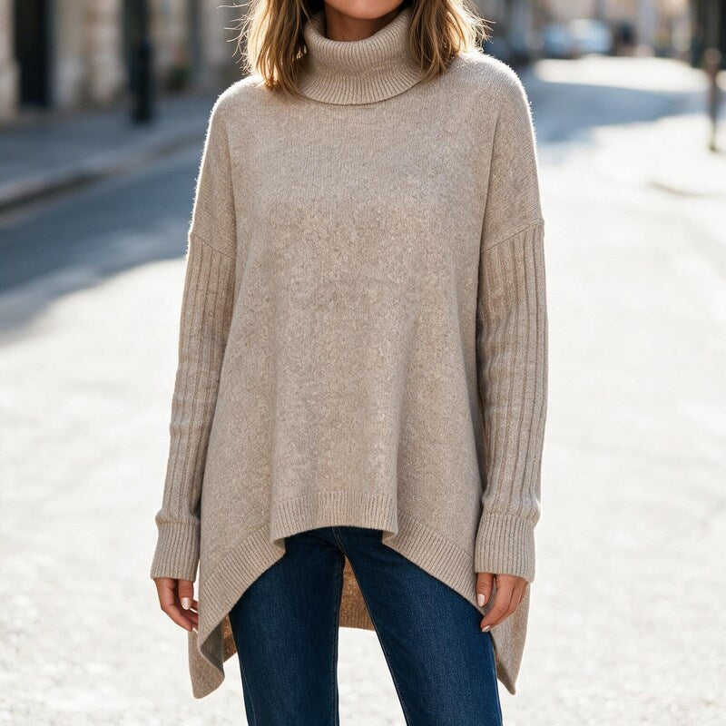 Pull Col Roulé Femme Oversize Long | Coupe Asymétrique#couleur_beige