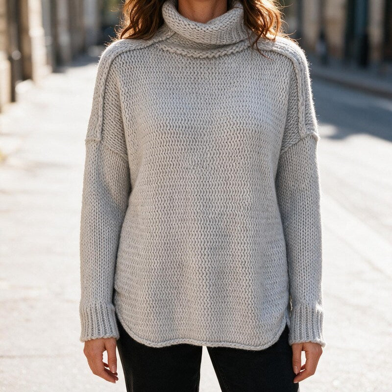 Pull Col Roulé Femme Tunique Grosse Maille | Coupe Longue#couleur_gris