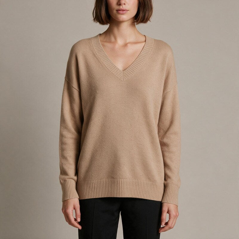 Pull Col V Femme Uni | Maille Fine et Coupe Droite#couleur_beige