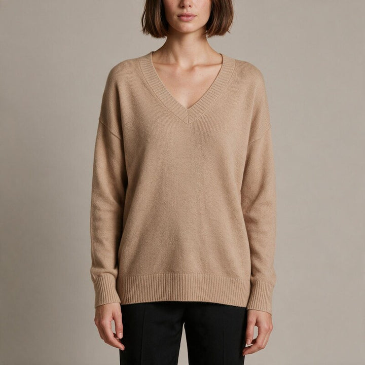 Pull Col V Femme Uni | Maille Fine et Coupe Droite#couleur_beige