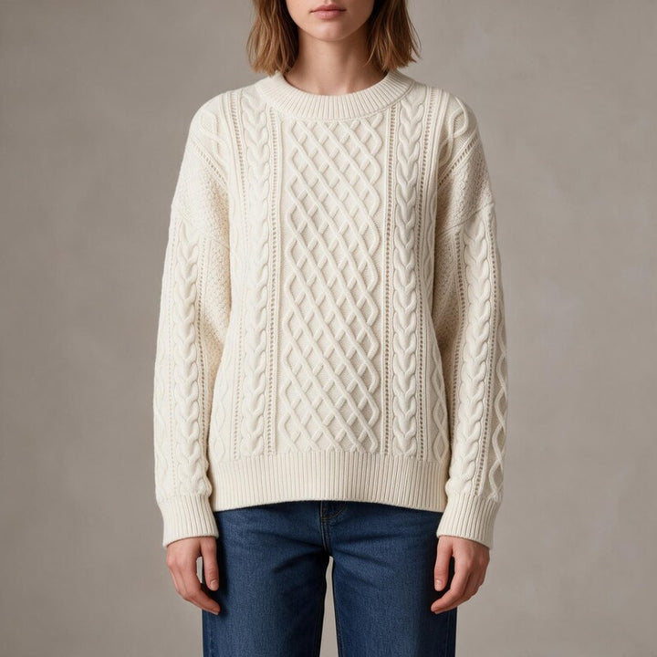 Pull Femme Maille Torsadée | Épaules Tombantes et Bord Côtelé – Blanc#couleur_blanc