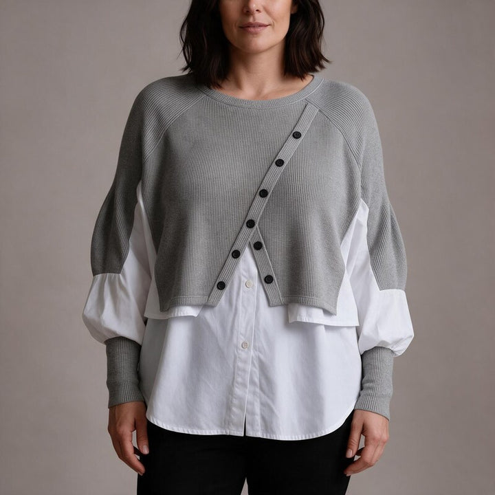 Pull Hiver Femme Deux en Un | Bas de Chemise Rapporté et Col Rond – Gris#couleur_gris