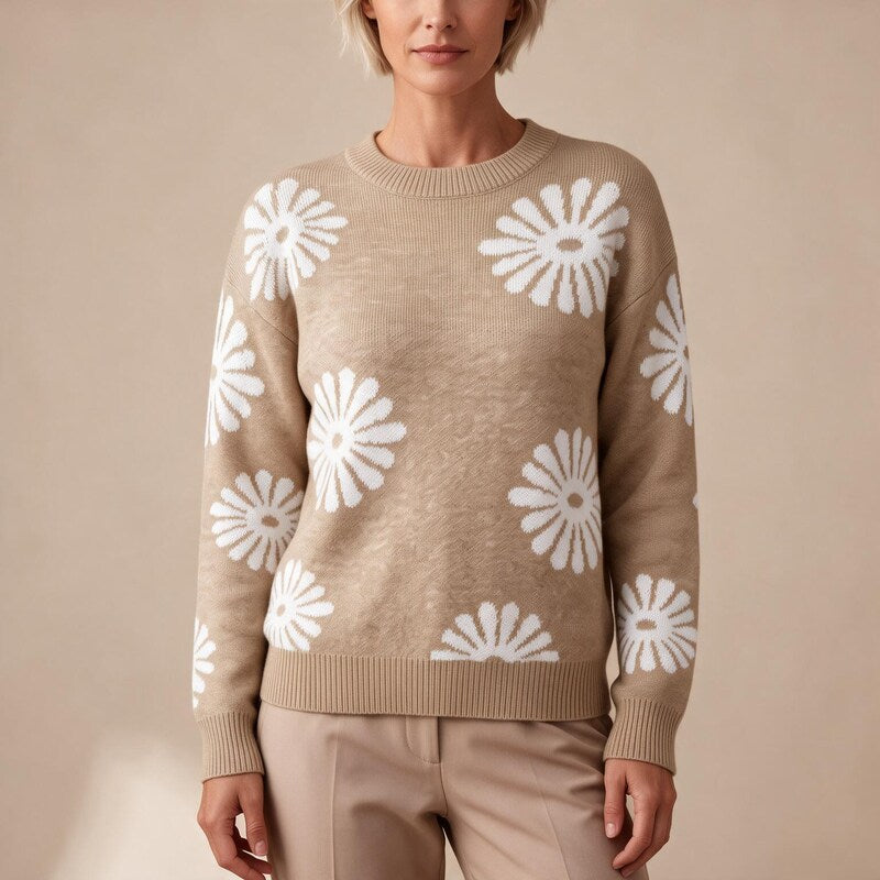 Pull Jacquard Femme Fleuri | Col Rond et Coupe Décontractée – Kaki#couleur_kaki