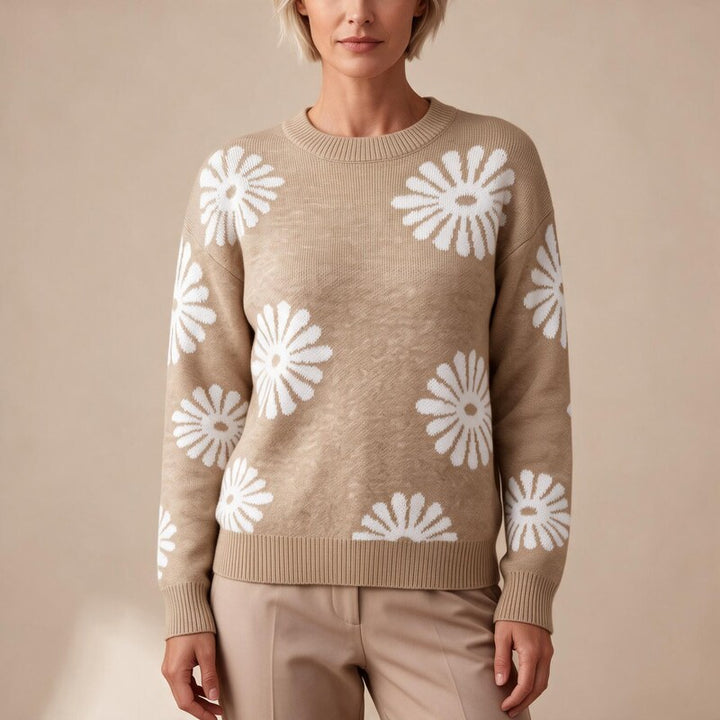 Pull Jacquard Femme Fleuri | Col Rond et Coupe Décontractée – Kaki#couleur_kaki