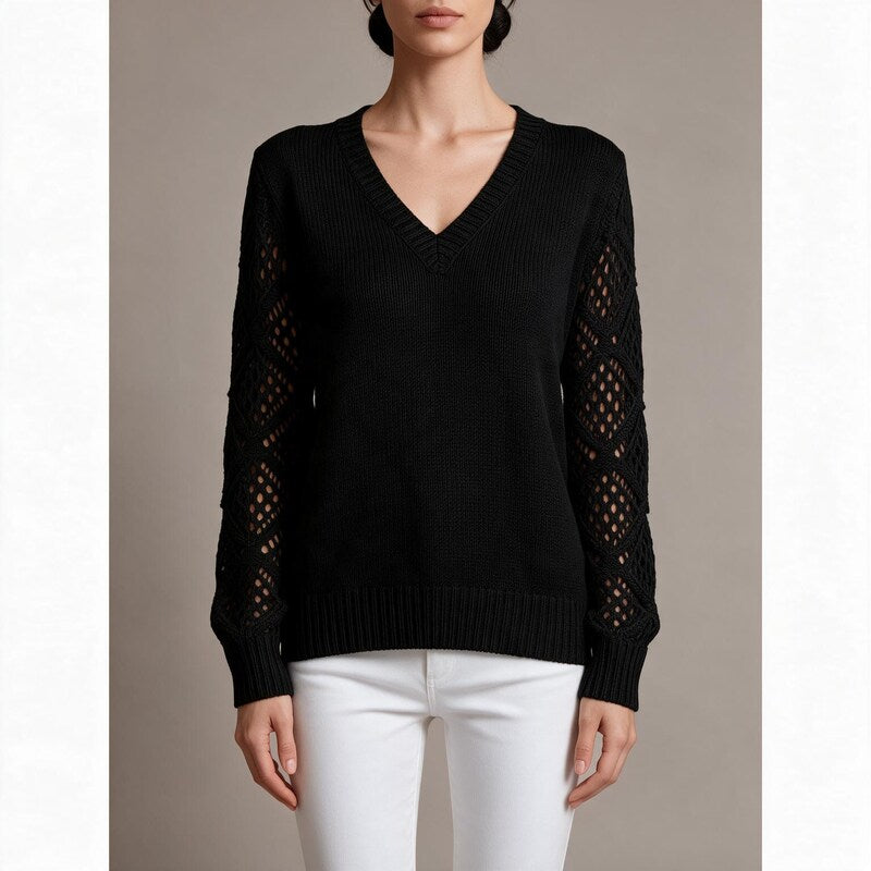 Pull Noir Femme Col V | Manches Ajourées et Maille Fine – Noir#couleur_noir