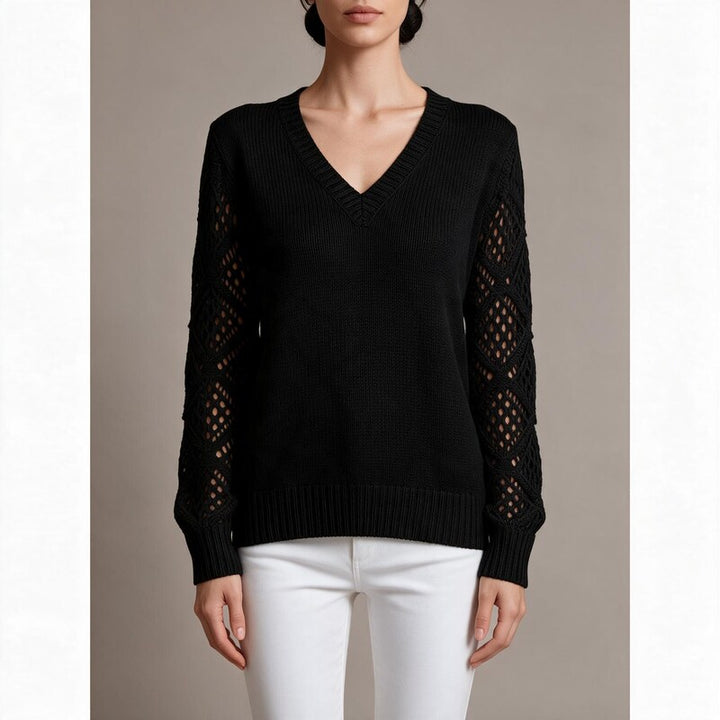 Pull Noir Femme Col V | Manches Ajourées et Maille Fine – Noir#couleur_noir