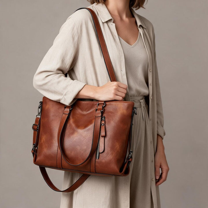 Sac à Main Cuir Femme Grand Format | Double Anse et Bandoulière Amovible – Marron#couleur_marron