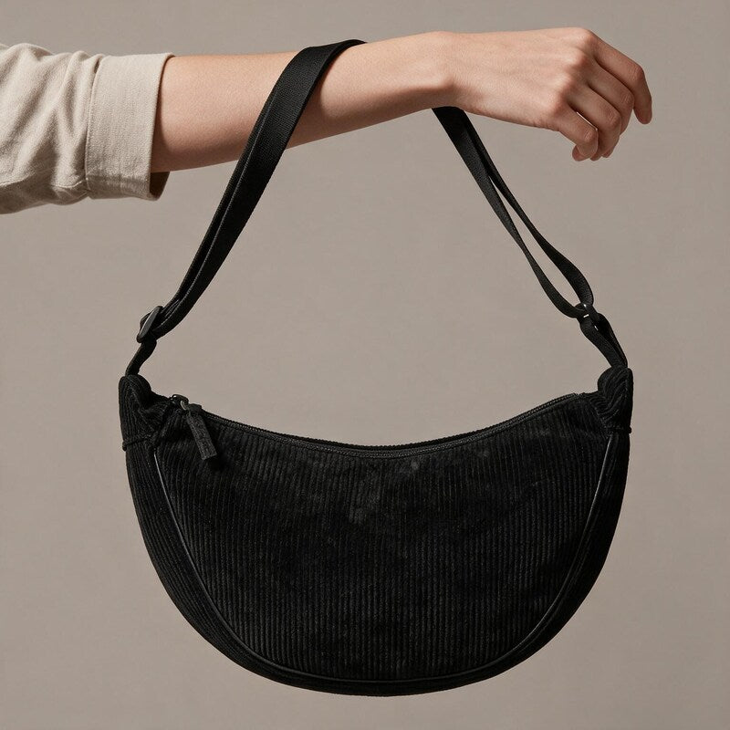 Sac Besace Femme Croissant en Velours Côtelé | Anse Épaule#couleur_noir