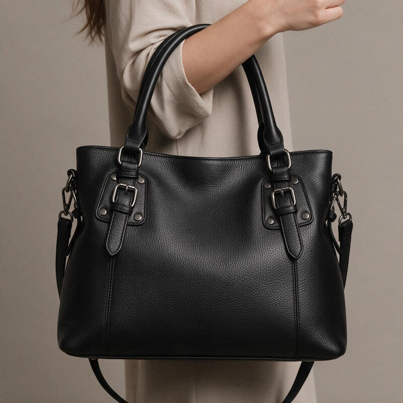 Sac Besace Femme en Cuir Grainé | Deux Anses et Bandoulière#couleur_noir