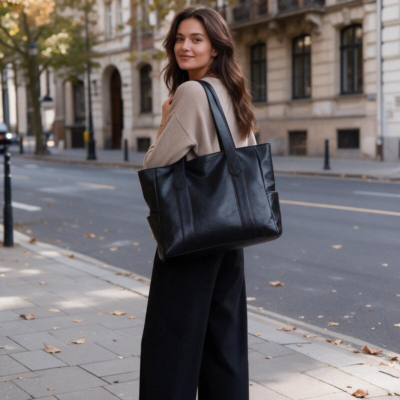 Sacs Cabas Femme à Poches Latérales | Format Ordinateur in Noir#couleur_noir